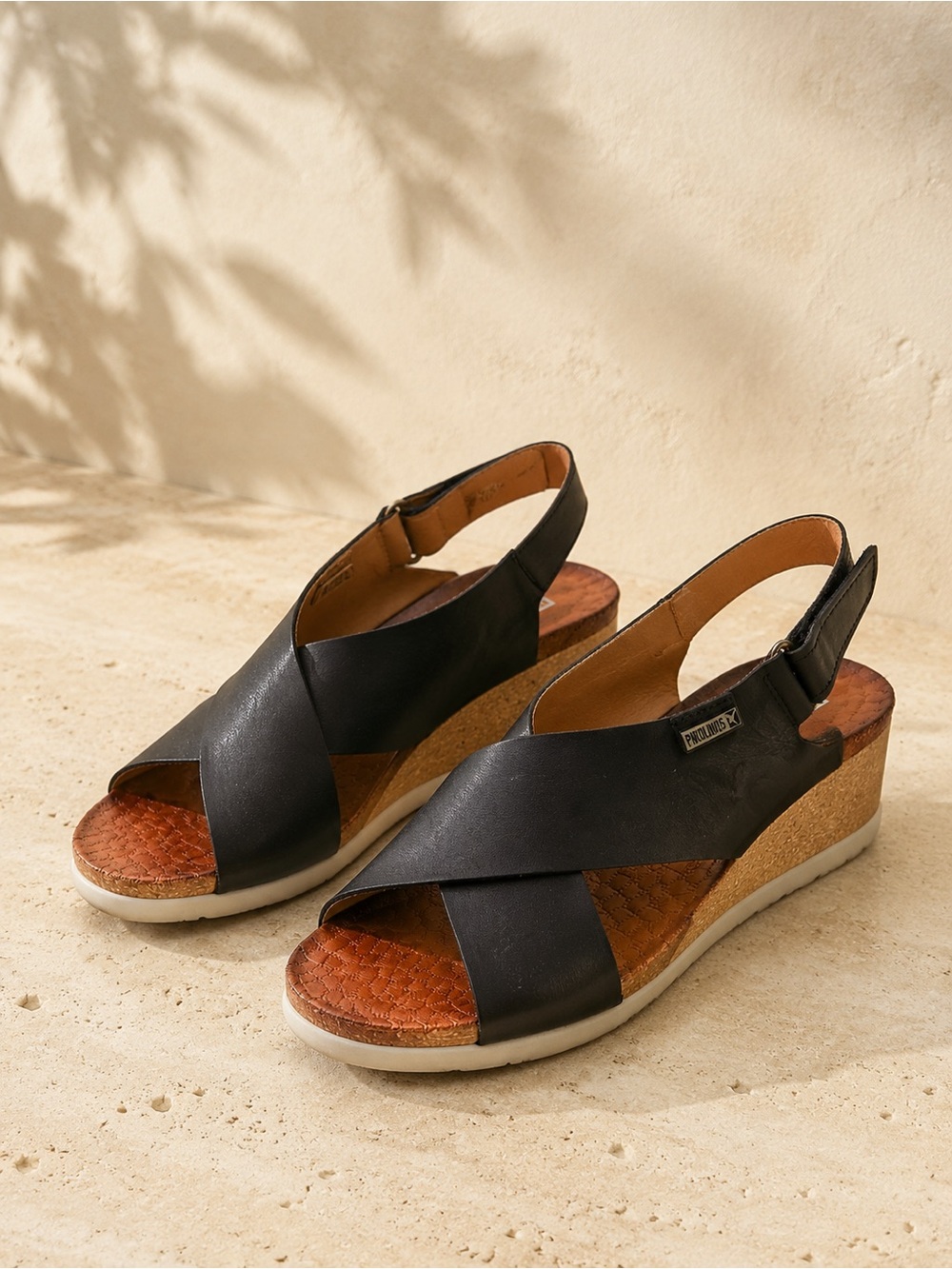 PIKOLINOS Black Leather Cross-Strap Cork Wedge Sandals